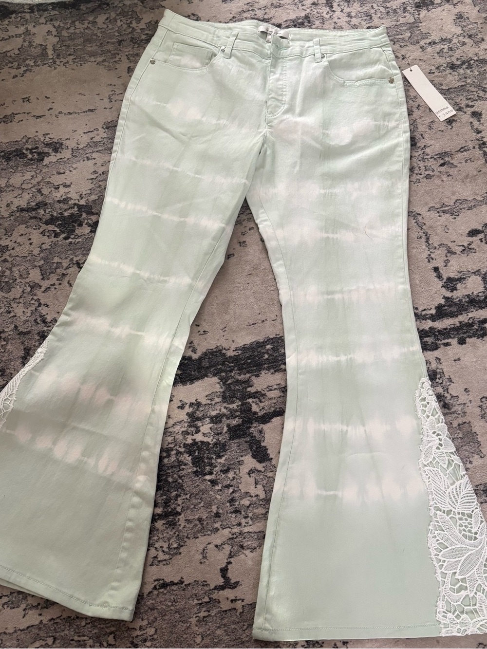 Flared Mint Tie-Dye Jeans with Lace Inset